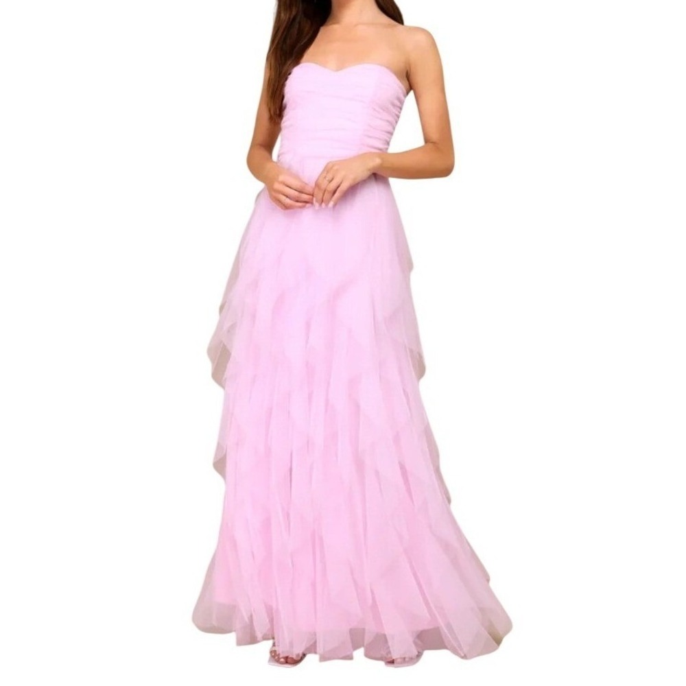 Lulu's Strapless Light Pink Ruffled Tulle Maxi Dress